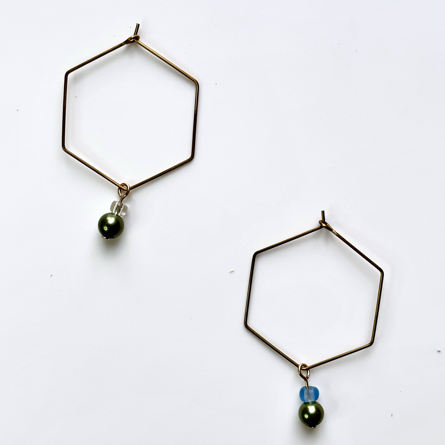Hexagon Hoop Earrings with Green Pearl, Blue & Clear Beads – Playful Geometric Jewelry