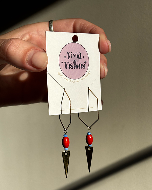 Red Bead & Brass Triangle Earrings – Bold Summer Dangles
