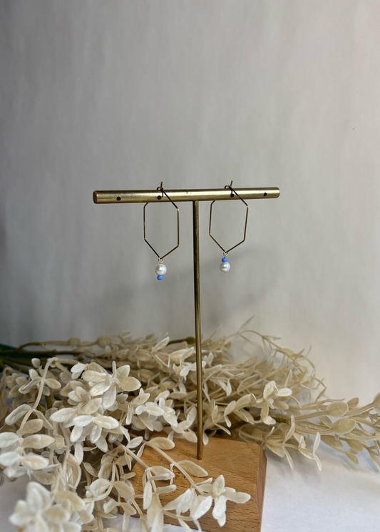 Hexagon Hoop Earrings with Pearl & Blue Bead – Geometric Everyday Jewelry