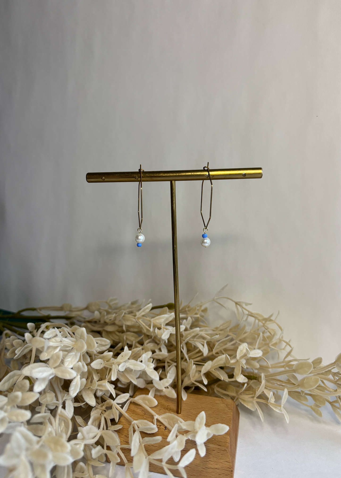 Hexagon Hoop Earrings with Pearl & Blue Bead – Geometric Everyday Jewelry