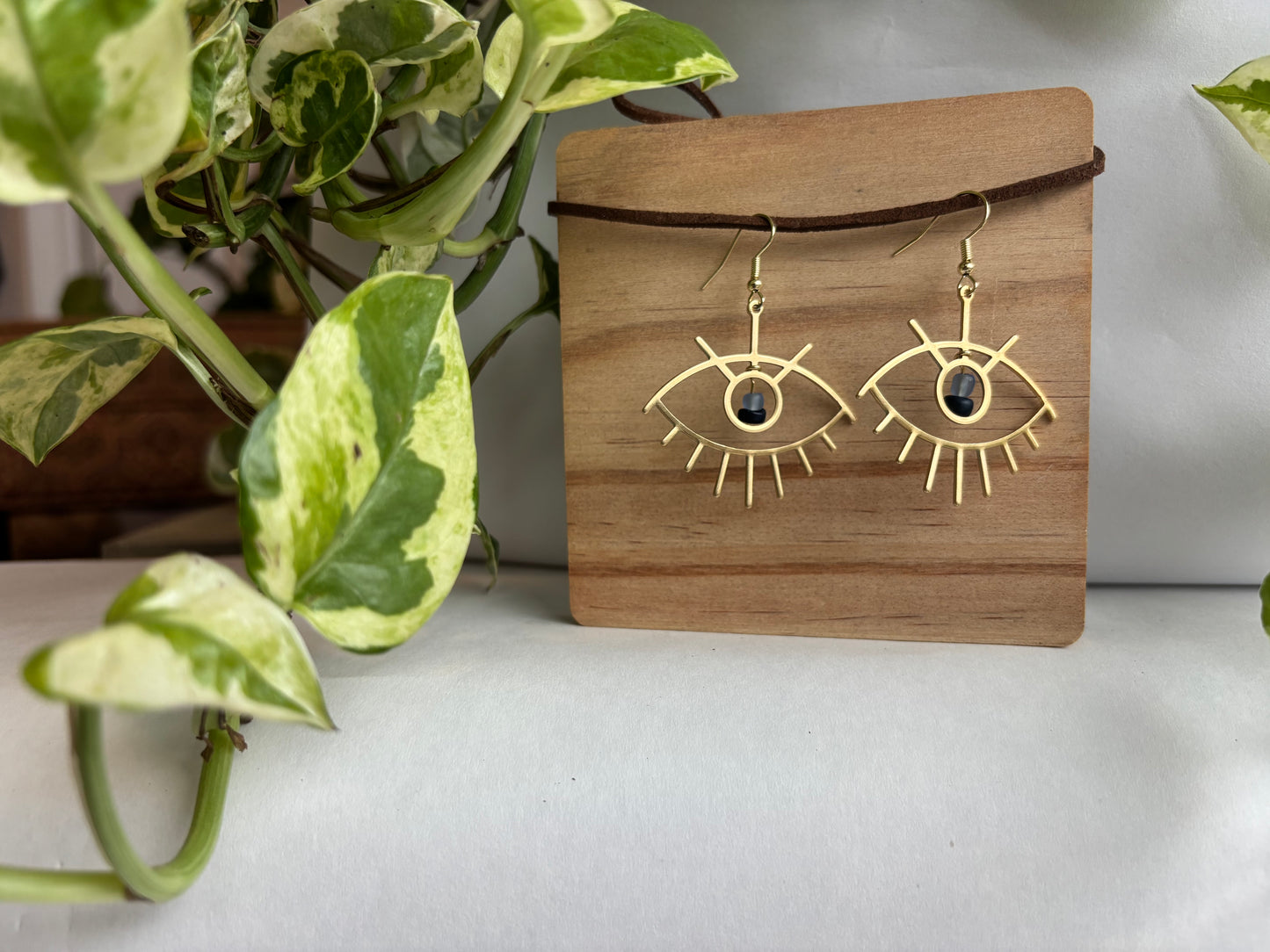 Brass Eye with Blue Glass Beads Earring, Gold Jewelry, Handmade Jewelry