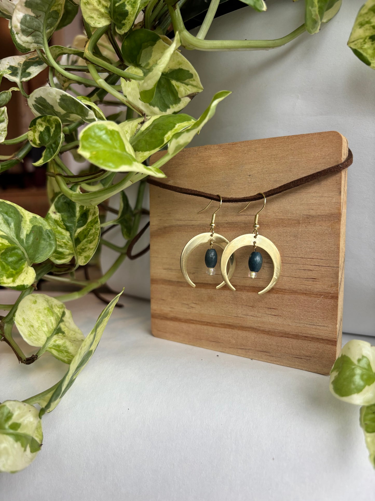 Brass Moon Earrings with Blue Painted Wooden Bead and Blue Seed Bead, Gold Jewelry, Handmade Jewelry