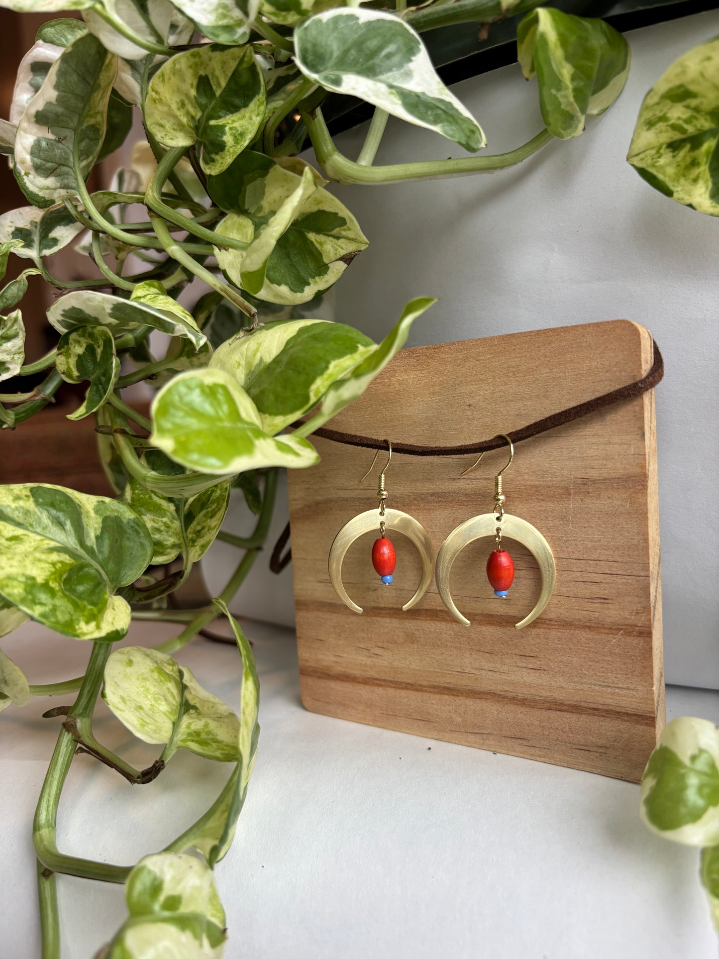 Brass Moon Earrings with Orange Painted Wooden Bead and Blue Seed Bead, Gold Jewelry, Handmade Jewelry