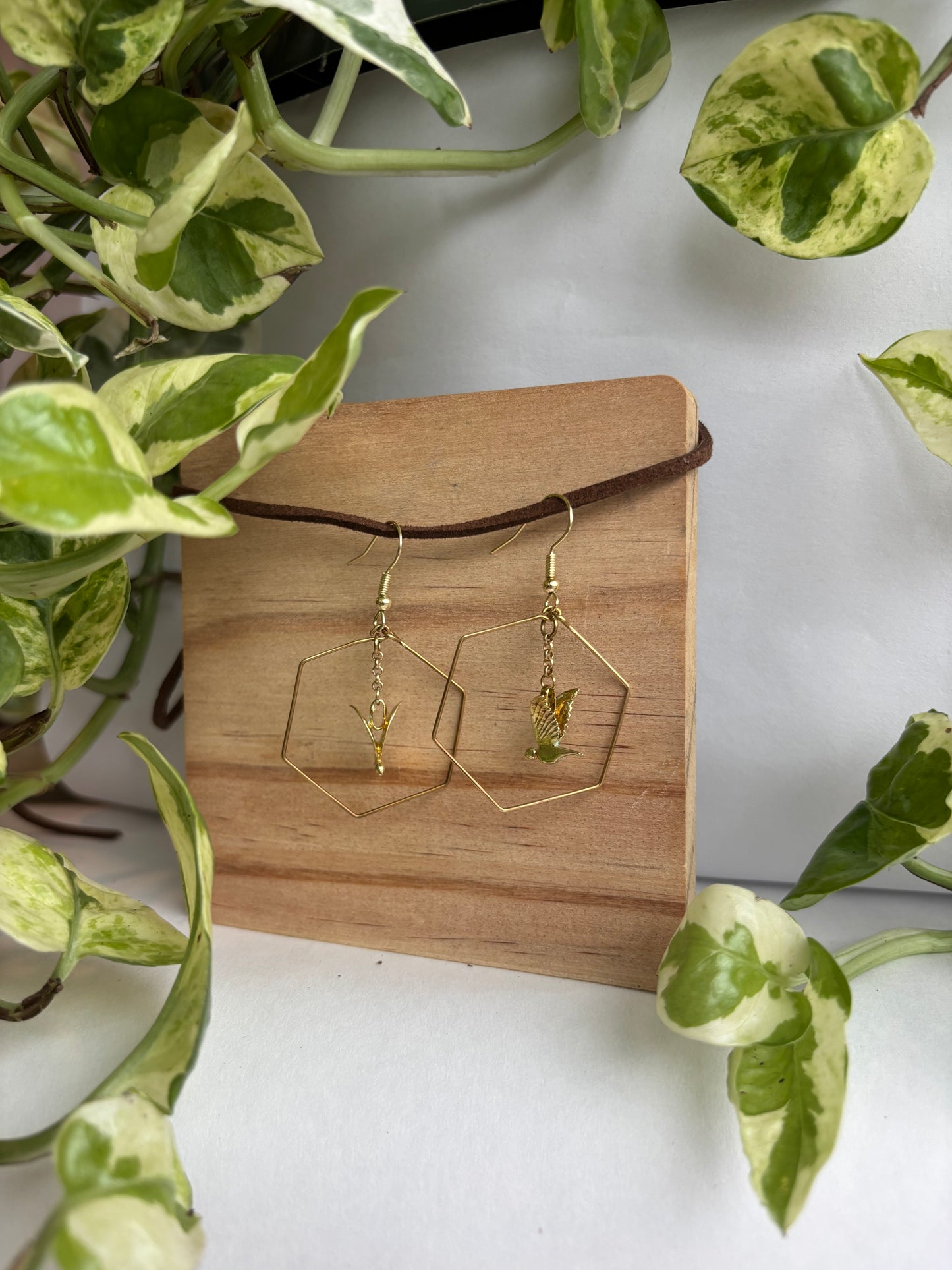 Brass Hexagon Hoops with Birds Dangle Earrings, Gold Jewelry, Handmade Jewelry