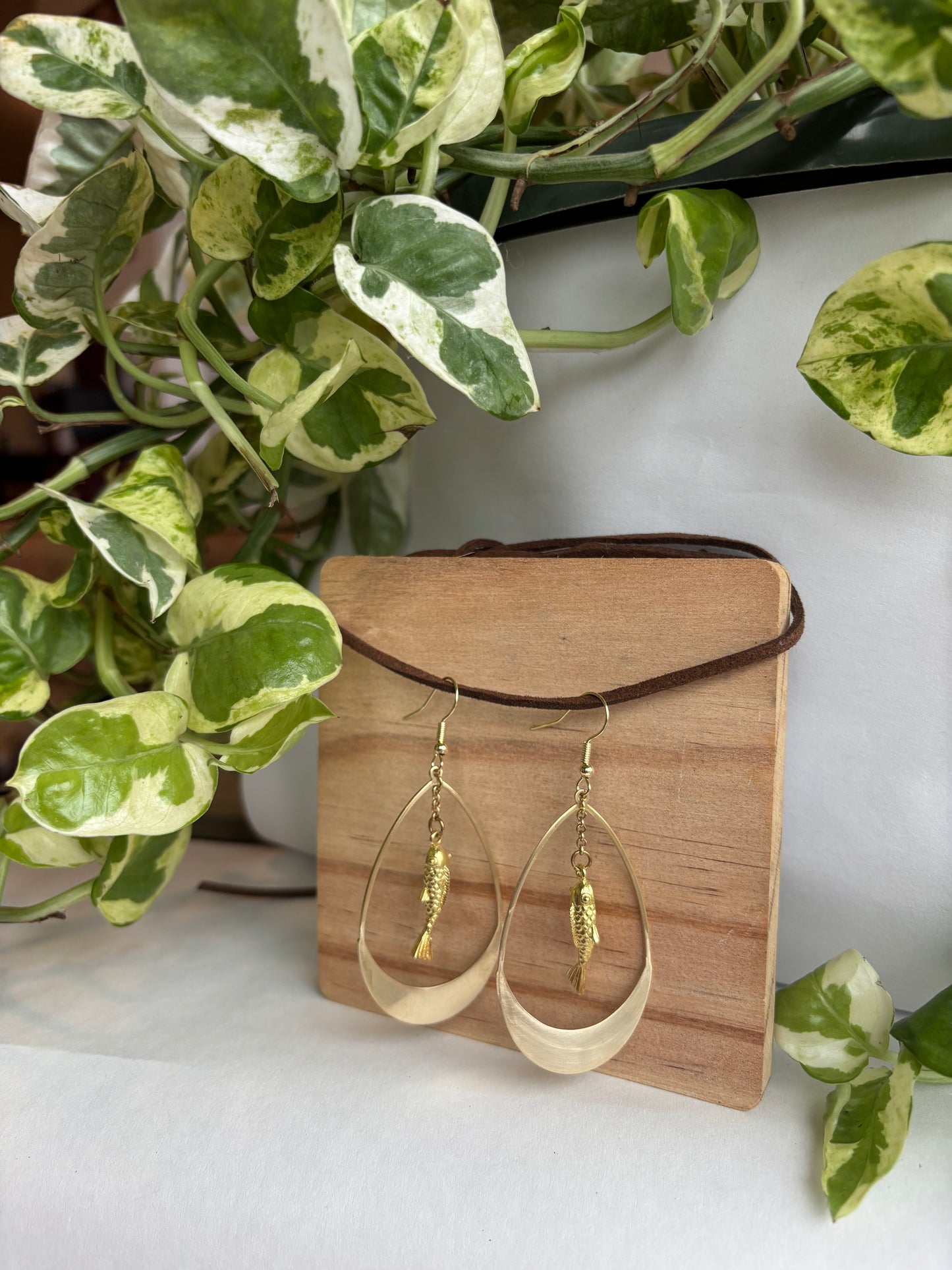 Koi Fish Dangle Earring with rolo chain and brass teardrop, Gold Jewelry, Handmade Jewelry