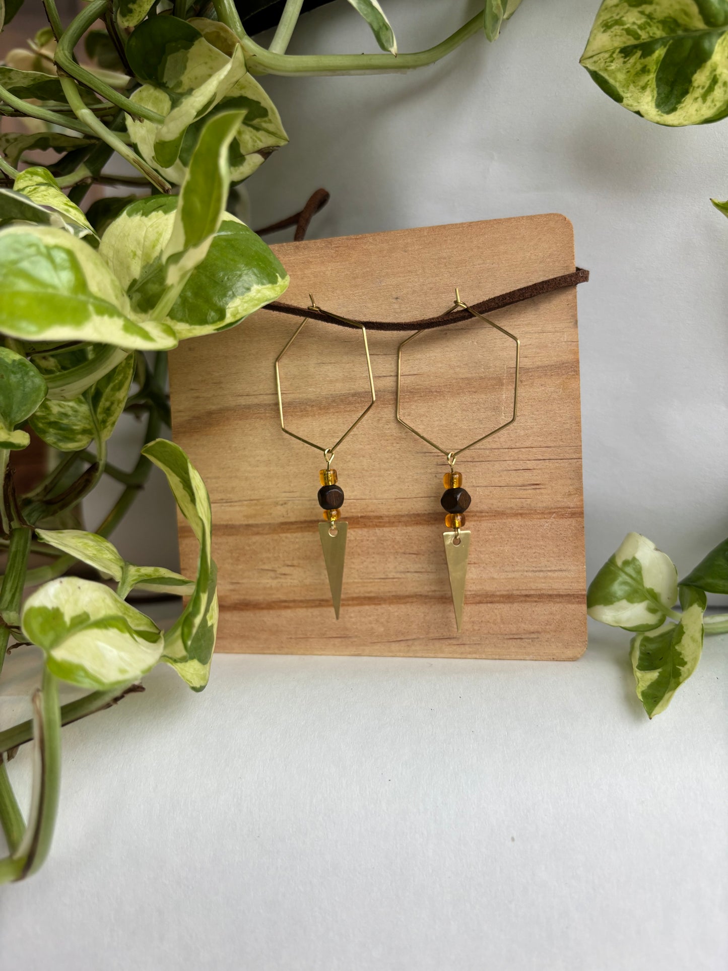 Hexagon with Wooden Bead and Brass Triangle, Gold Jewelry, Handmade Jewelry
