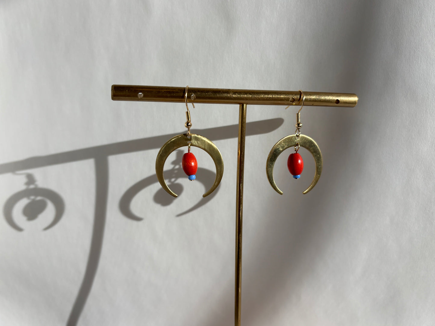 Brass Moon Earrings with Orange Painted Wooden Bead and Blue Seed Bead, Gold Jewelry, Handmade Jewelry