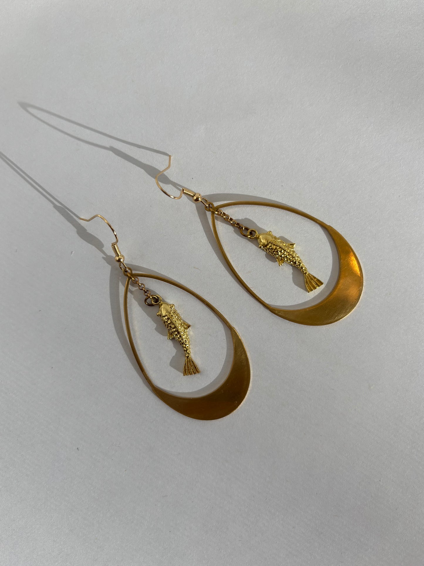 Koi Fish Dangle Earring with rolo chain and brass teardrop, Gold Jewelry, Handmade Jewelry