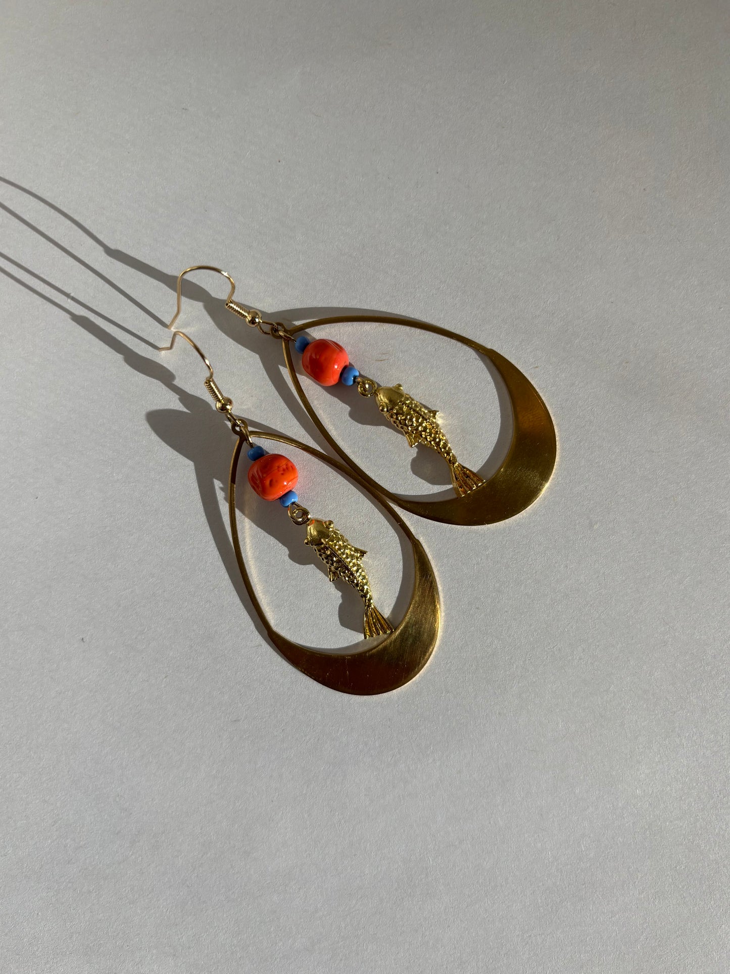 Koi Fish Dangle Earring with rolo chain and brass teardrop and Orange Bead, Gold Jewelry, Handmade Jewelry