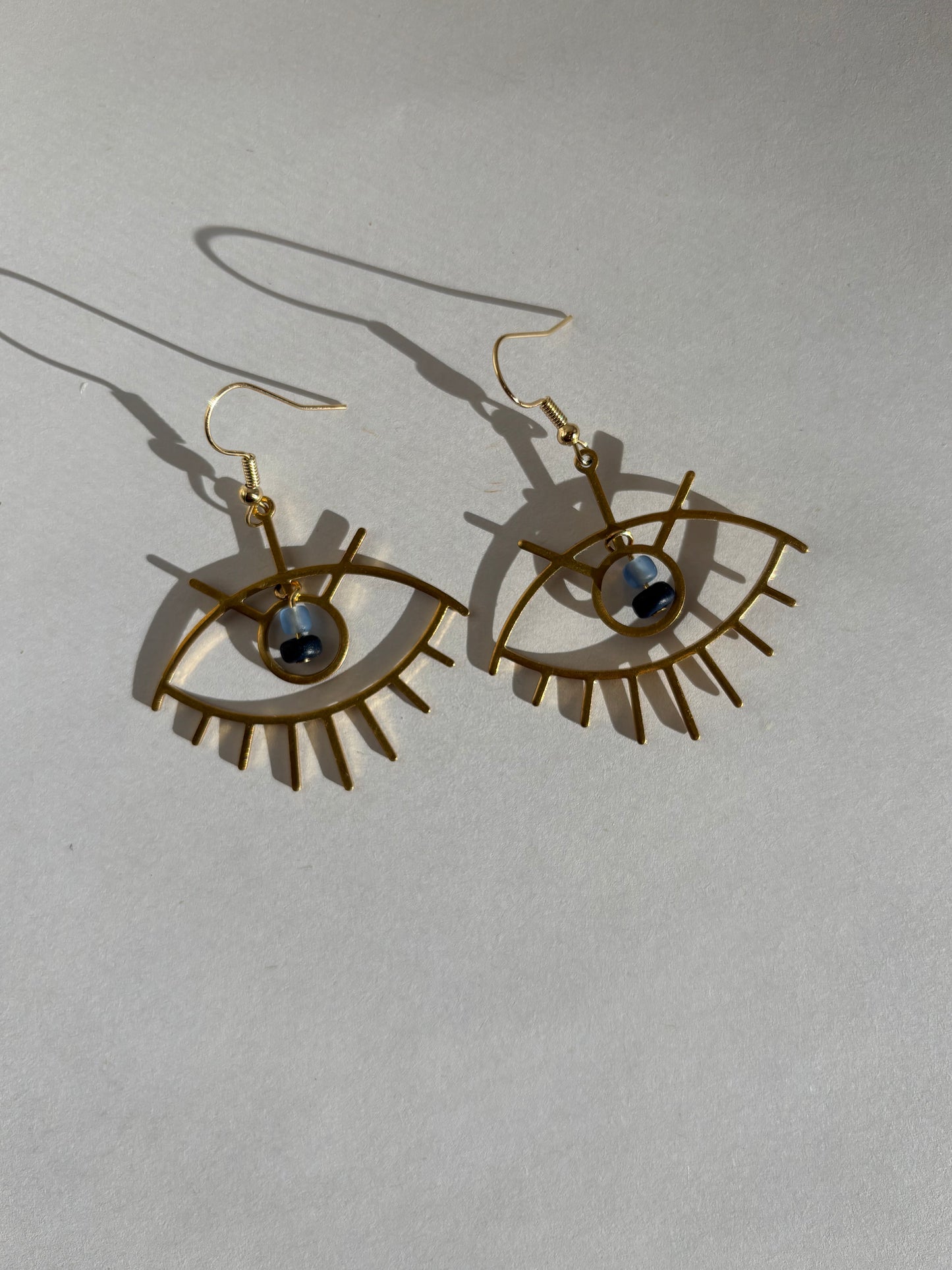 Brass Eye with Blue Glass Beads Earring, Gold Jewelry, Handmade Jewelry