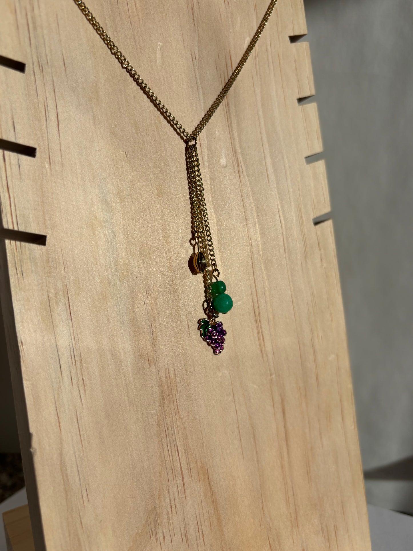 Handmade 16" Drop Chain Necklace with Grape, Gold & Green Glass Charms – Boho Luxe Jewelry