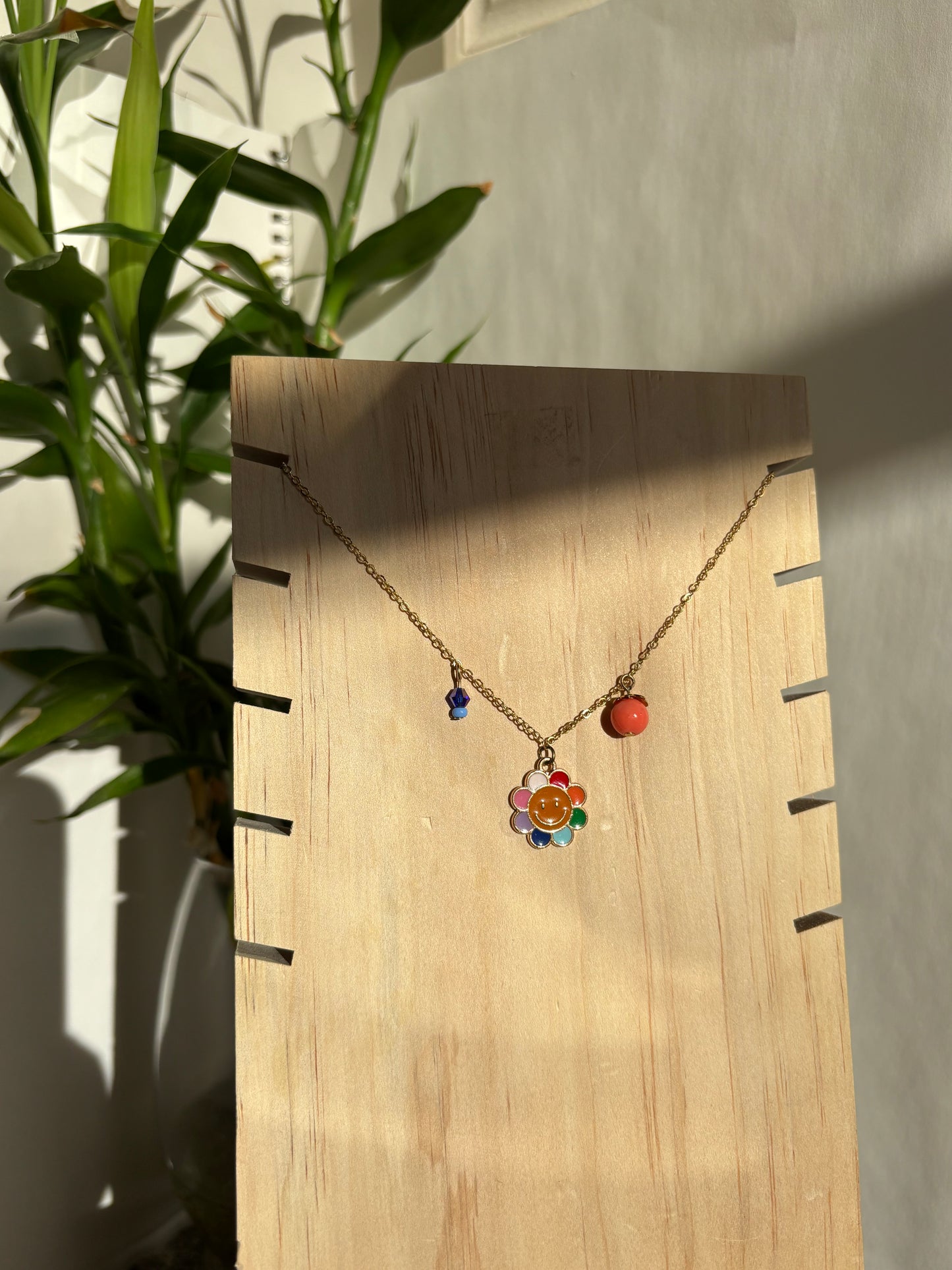 Handmade 16" Gold Necklace with Smiling Flower Charms & Recycled Beads – Playful Eco-Friendly Jewelry