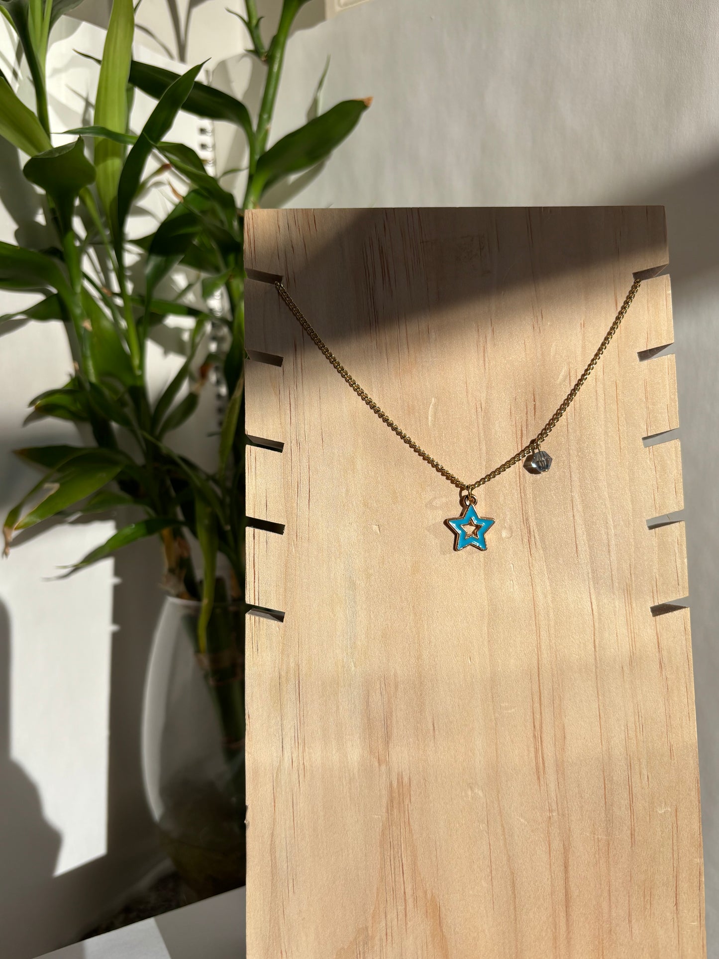 Handmade 16" Gold-Plated Necklace with Blue Star Charm & Recycled Beads – Eco-Friendly Statement Jewelry