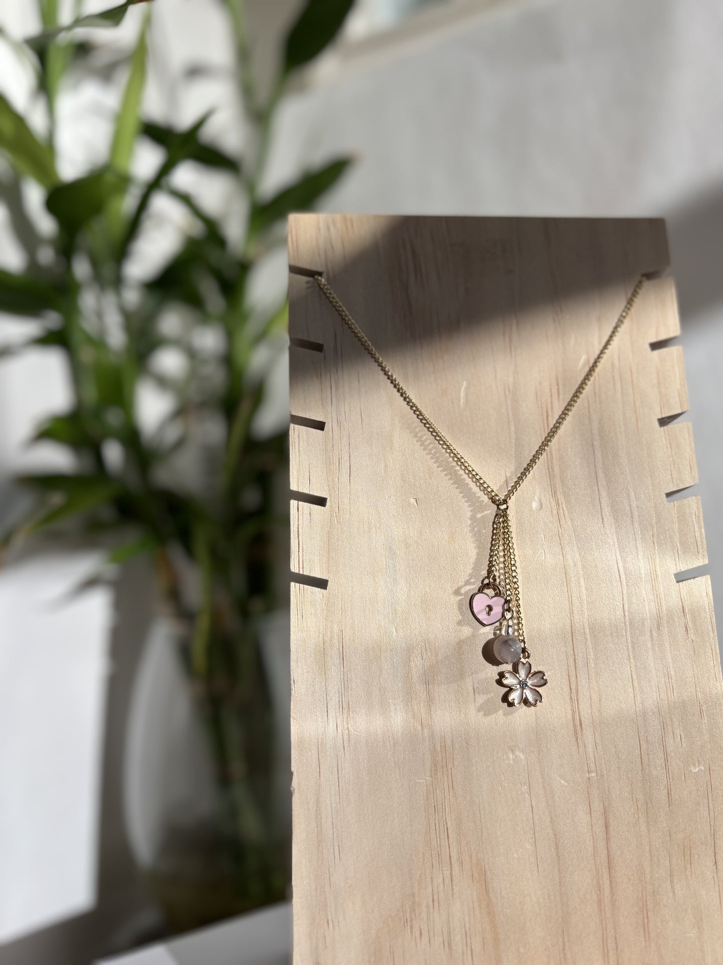 Handmade 16" Gold-Plated Drop Chain Necklace with Pink Flower, Lock Charms & Repurposed Beads