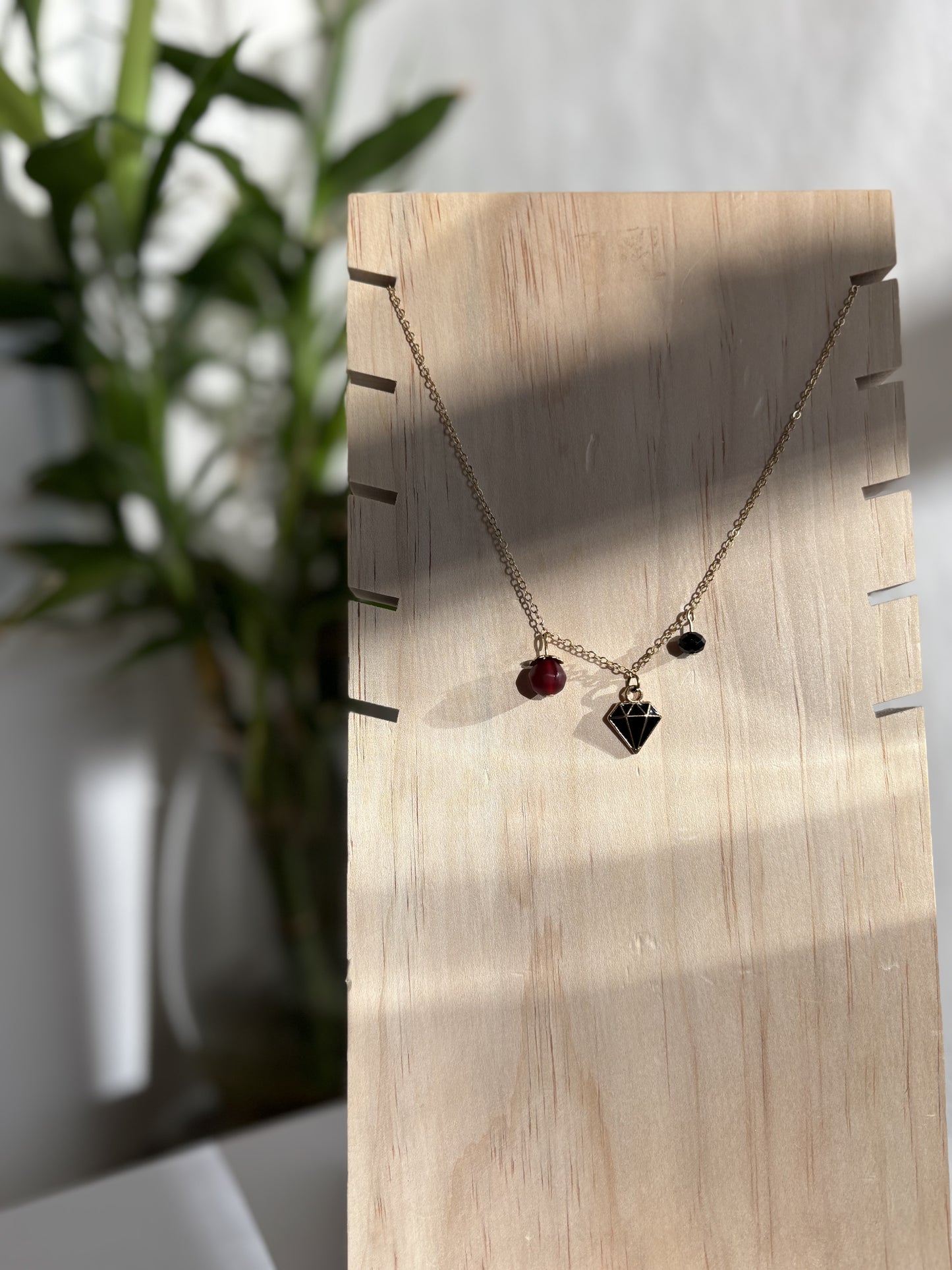 Handmade 16" Gold-Plated Necklace with Black Diamond Charm & Upcycled Beads – Eco-Friendly Jewelry