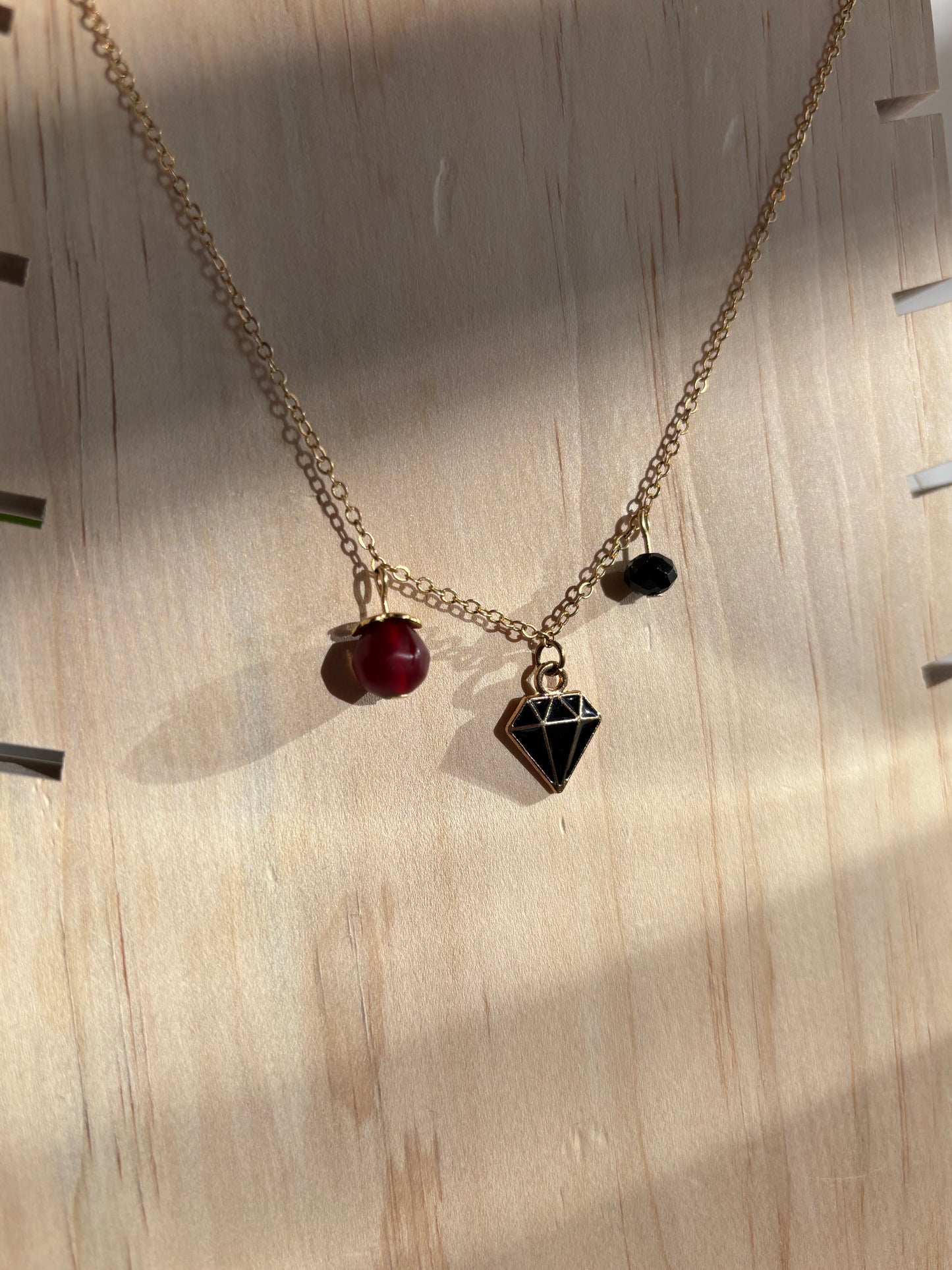 Handmade 16" Gold-Plated Necklace with Black Diamond Charm & Upcycled Beads – Eco-Friendly Jewelry