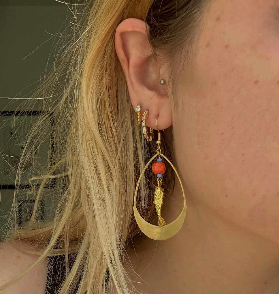 Koi Fish Dangle Earring with rolo chain and brass teardrop and Orange Bead, Gold Jewelry, Handmade Jewelry