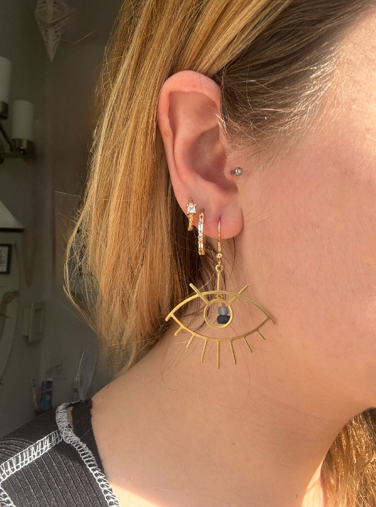Brass Eye with Blue Glass Beads Earring, Gold Jewelry, Handmade Jewelry