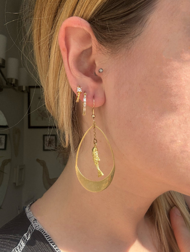 Koi Fish Dangle Earring with rolo chain and brass teardrop, Gold Jewelry, Handmade Jewelry
