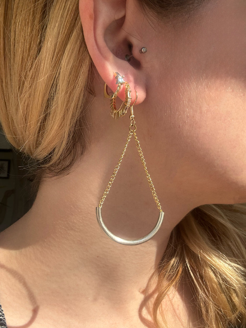 Teardrop Dangle Earrings Silver and Gold Chain, Gold Jewelry, Handmade Jewelry