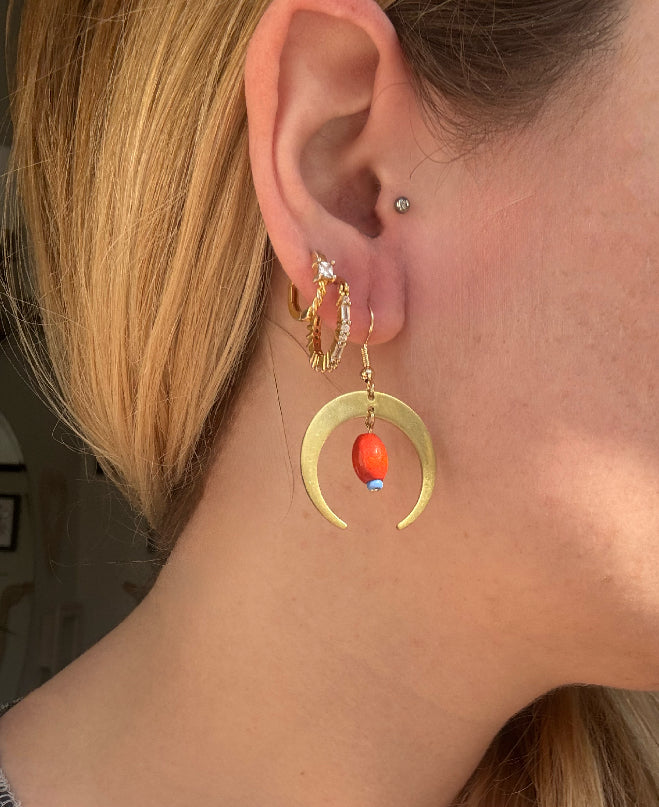 Brass Moon Earrings with Orange Painted Wooden Bead and Blue Seed Bead, Gold Jewelry, Handmade Jewelry