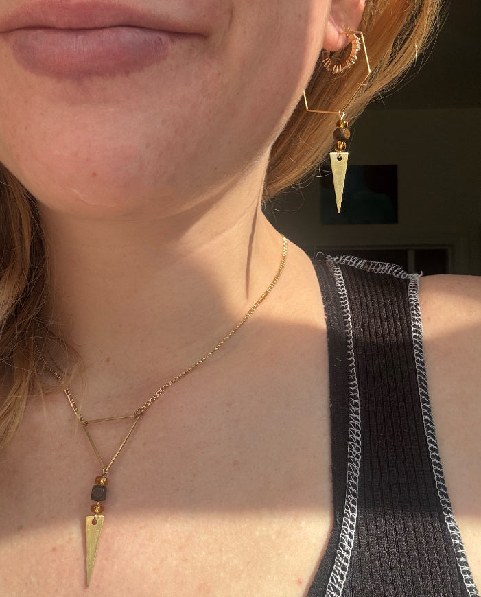 Hexagon with Wooden Bead and Brass Triangle, Gold Jewelry, Handmade Jewelry