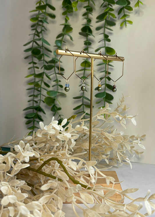 Hexagon Hoop Earrings with Green Pearl, Blue & Clear Beads – Playful Geometric Jewelry