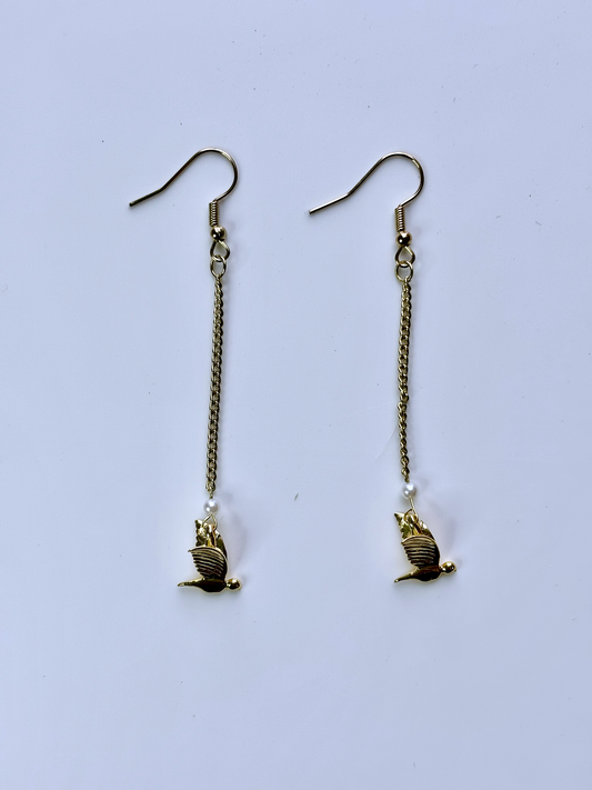 Flying Bird & Pearl Dangle Earrings – Symbolic Handmade Jewelry
