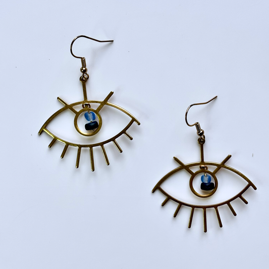 Brass Eye Charm Earrings with Blue Beads – Protective Summer Design