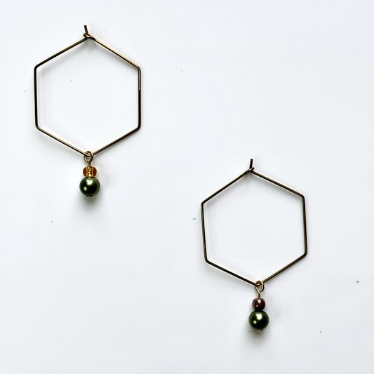 Hexagon Hoop Earrings with Green Pearl and Recycled Beads (Purple & Yellow)