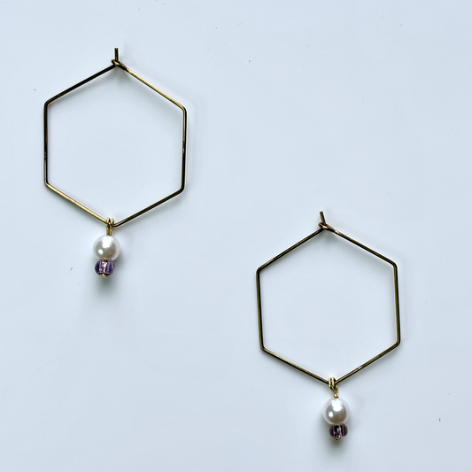 Hexagon Hoop Earrings with Pearl & Purple Bead – Handcrafted Minimalist Jewelry