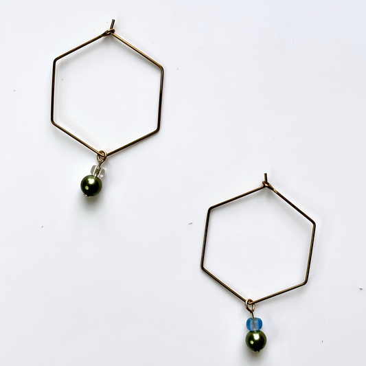 Hexagon Hoop Earrings with Green Pearl, Blue & Clear Beads – Playful Geometric Jewelry