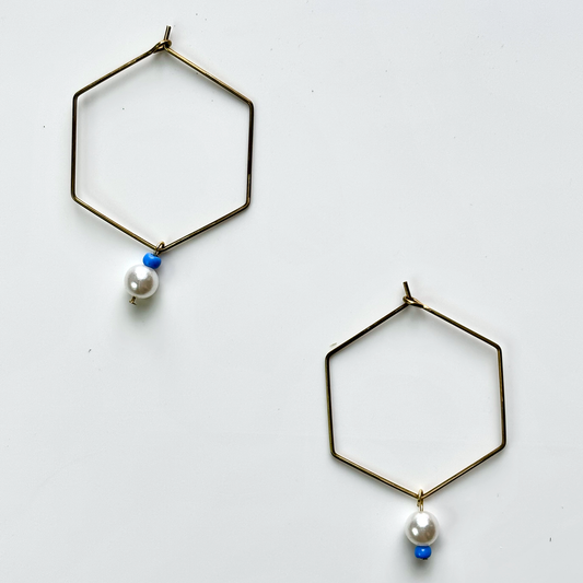 Hexagon Hoop Earrings with Pearl & Blue Bead – Geometric Everyday Jewelry
