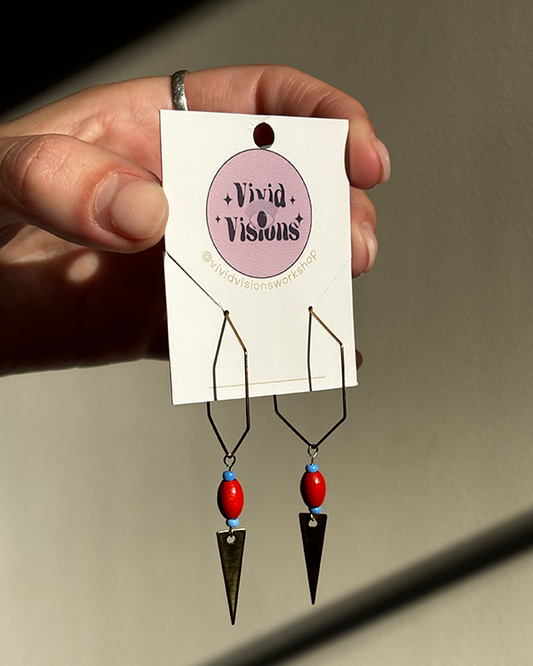 Red Bead & Brass Triangle Earrings – Bold Summer Dangles