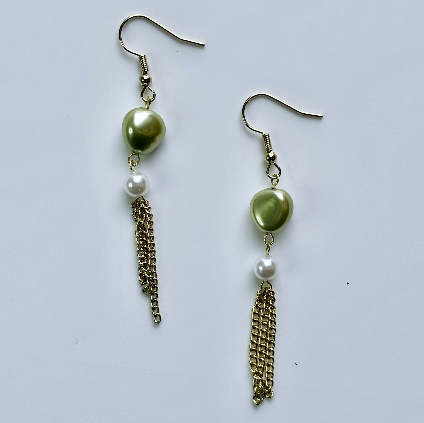 Green Pearl & Chain Tiered Dangle Earrings