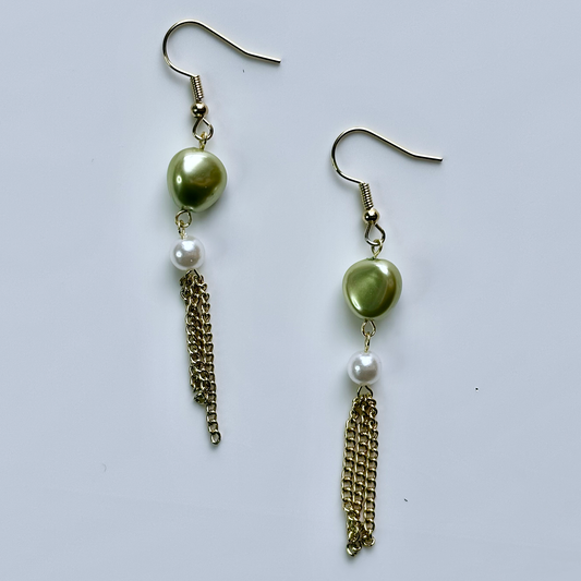 Green Pearl & Chain Tiered Dangle Earrings