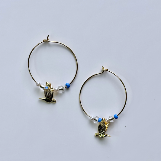 Flying Bird & Pearl Hoop Earrings with Blue Beads – Symbolic Statement Jewelry