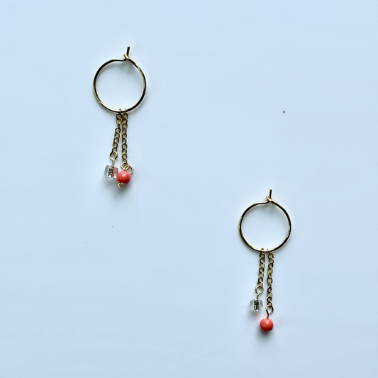 Coral & Crystal Chain Hoop Earrings – Playful Summer Jewelry