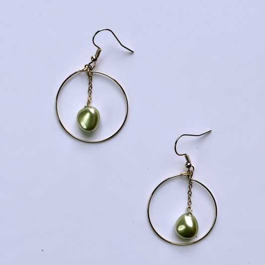 Green Pearl Drop Hoop Earrings – Bold Handmade Elegance