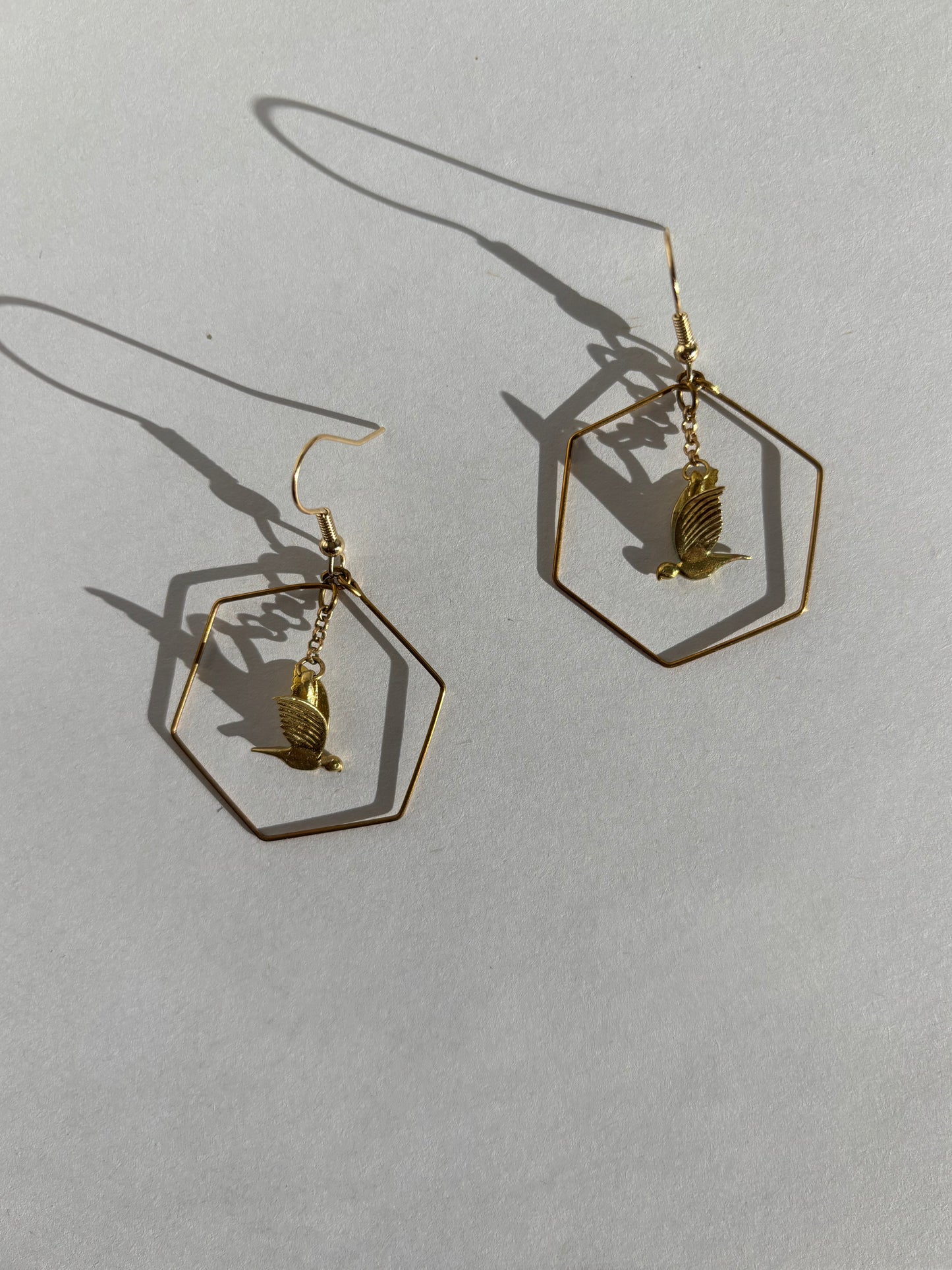 Brass Hexagon Hoops with Birds Dangle Earrings