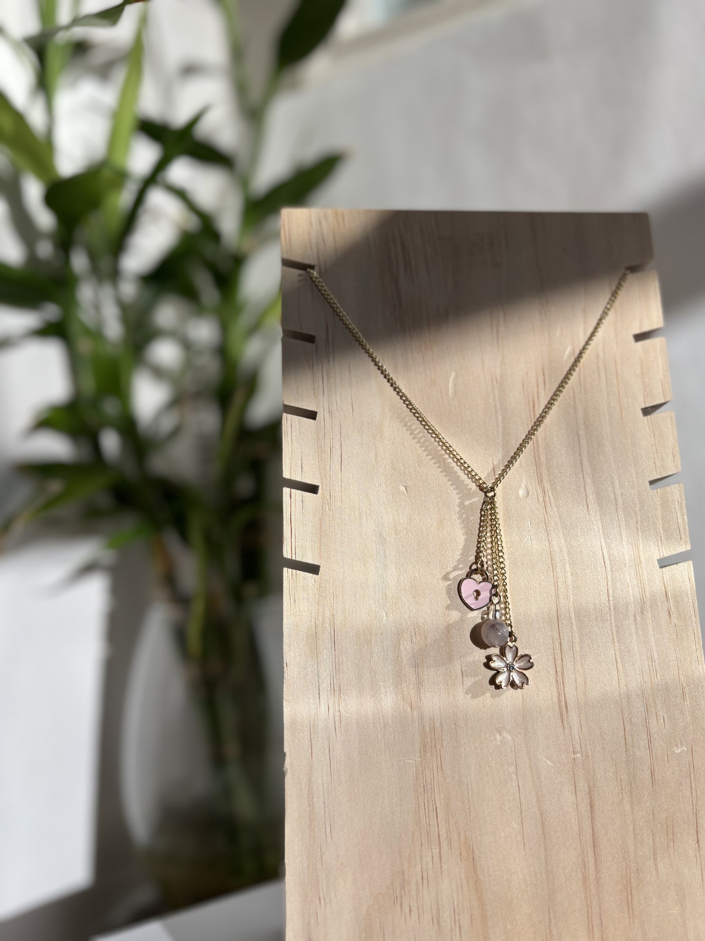 16" Long Gold Plated Chain Drop Chain Necklace with Pink Flower and Lock Charms and Repurposed Beads