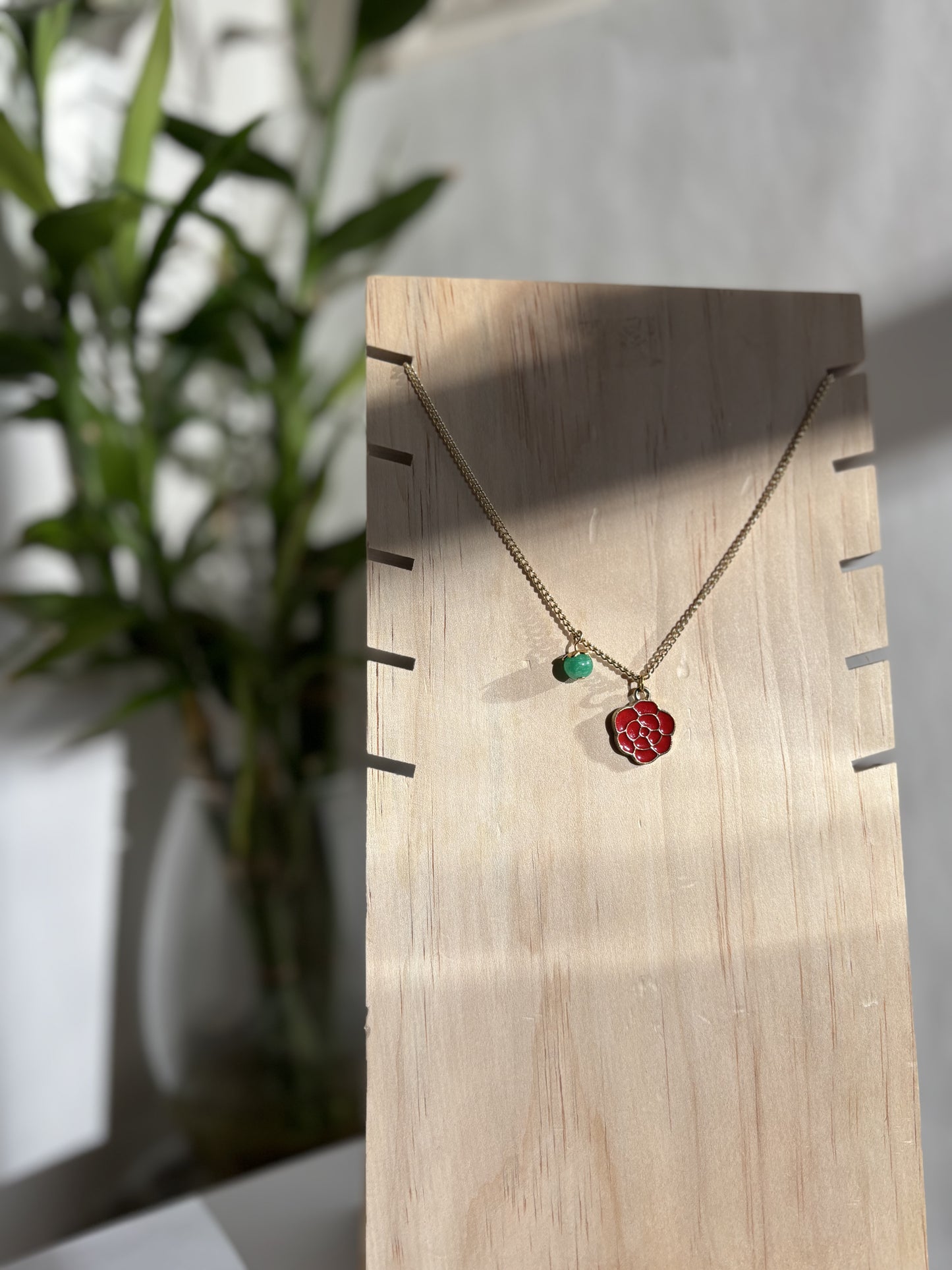 18" Long Gold Plated Chain Necklace with Red Rose Flower Charm and Repurposed Green Bead