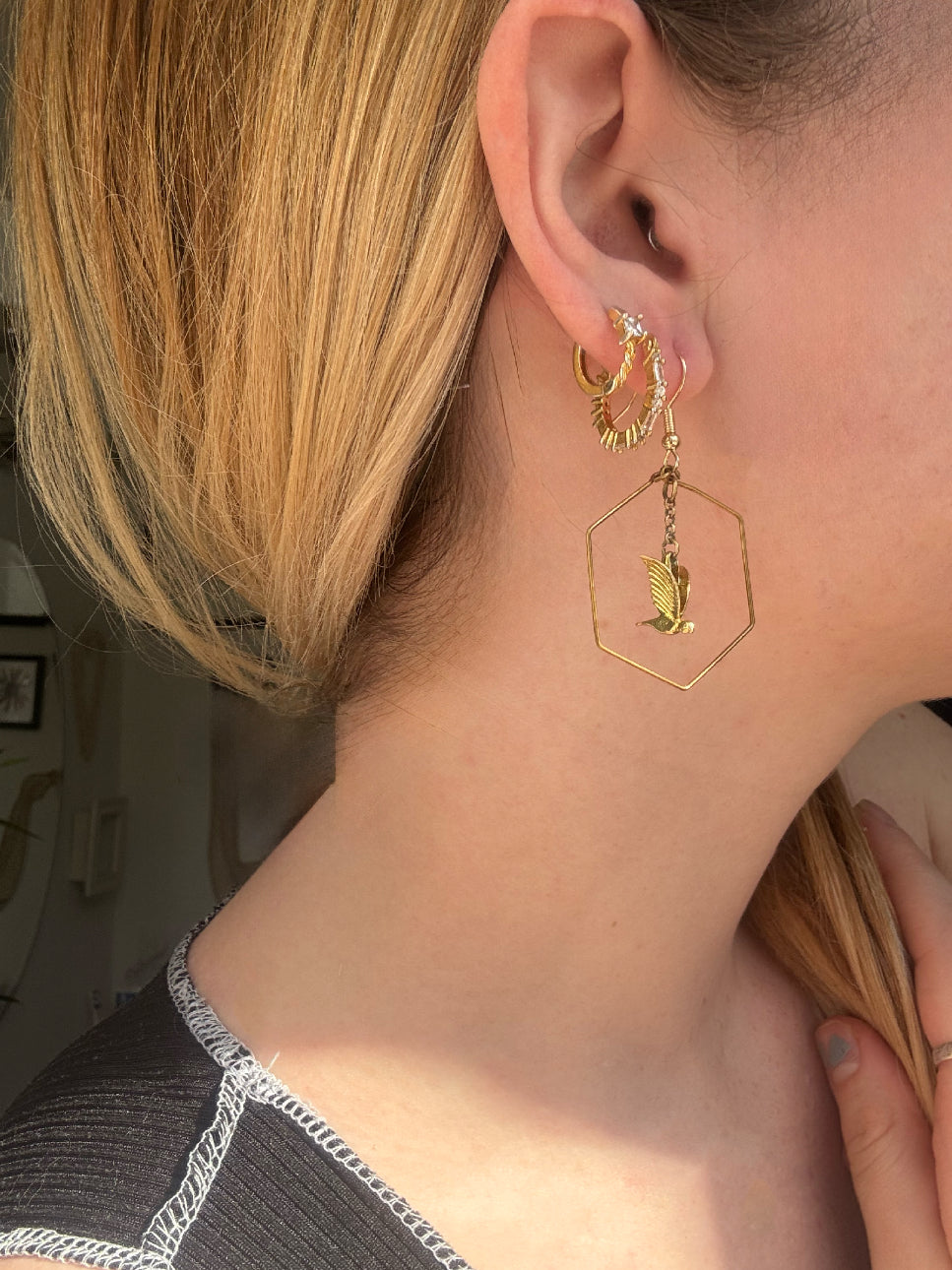 Brass Hexagon Hoops with Birds Dangle Earrings