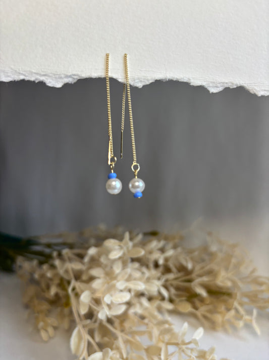 Mismatched Threader Earrings with Recycled Pearls & Blue Seed Beads