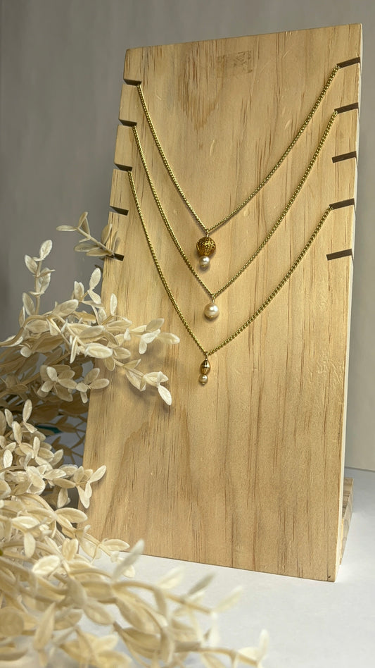 Triple-Layered Necklace with Recycled Pearls & Vintage Gold Beads – Sustainable Elegance