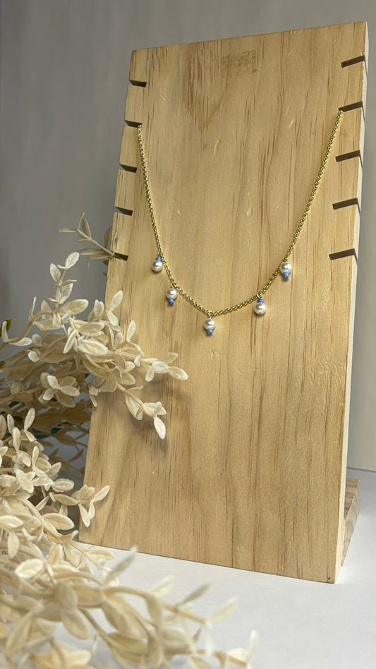 Handmade Recycled Sky Blue Seed Bead & Pearl Bobble Choker Necklace on Gold-Filled Rolo Chain