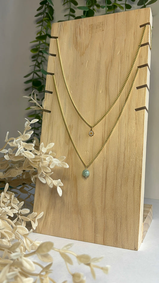 Handcrafted Double-Layered Necklace with Recycled Daisy Charm & Mint Aventurine Beads