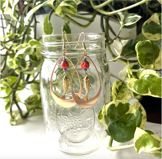 Koi Fish Dangle Earring with rolo chain and brass teardrop and Orange Bead, Gold Jewelry, Handmade Jewelry