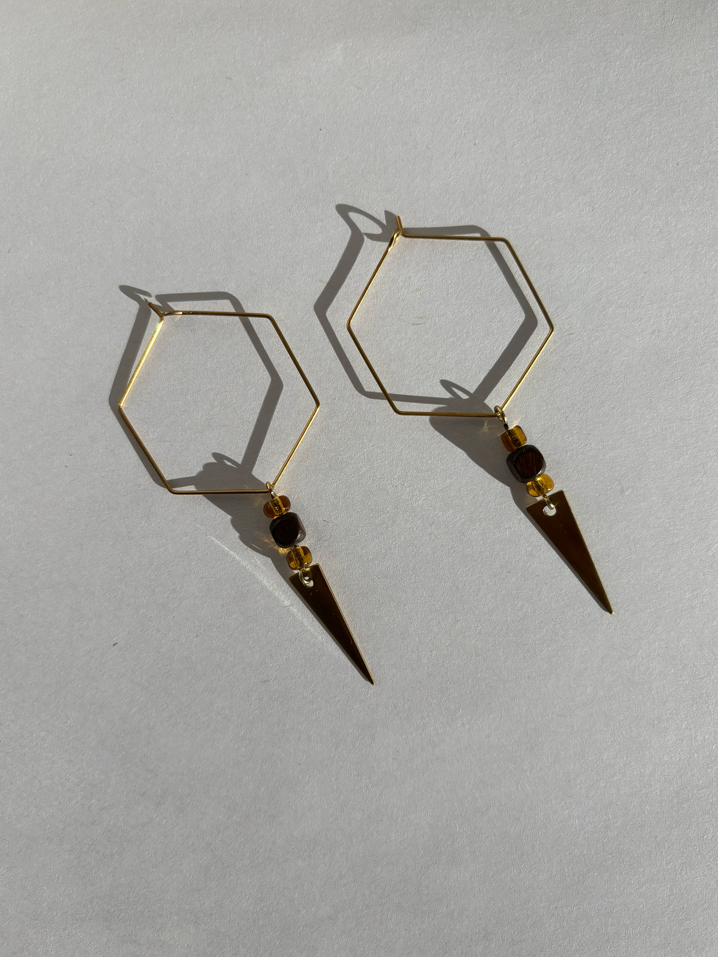 Hexagon with Wooden Bead and Brass Triangle, Gold Jewelry, Handmade Jewelry